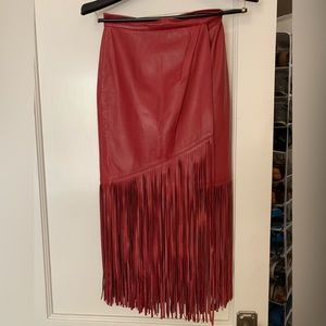 Tamara Mellon Red Leather Fringe Skirt sz0